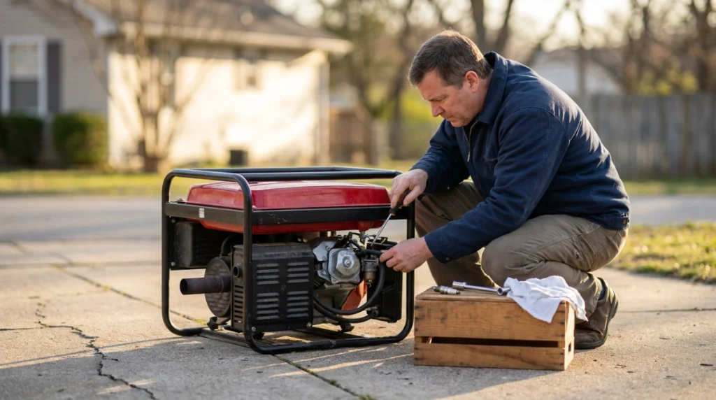 Outdoor generator troubleshooting with checks for choke, fuel, carburetor, spark plug, load, and spark arrester.