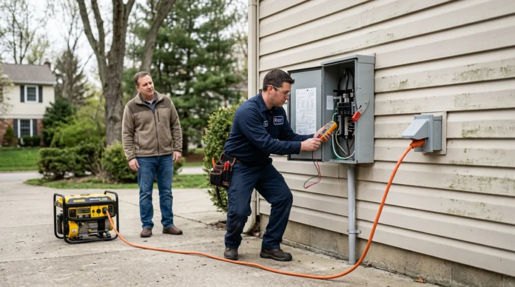 Electrician inspecting portable generator transfer switch and home grounding connection.