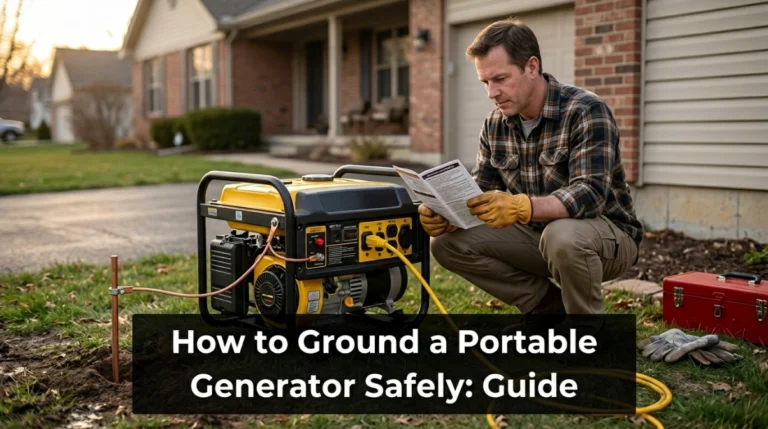 Portable generator outdoors with grounding conductor and homeowner checking the manual.