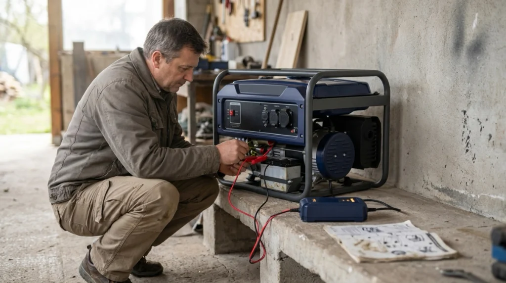 Portable generator battery connected correctly to a low-current smart charger during maintenance
