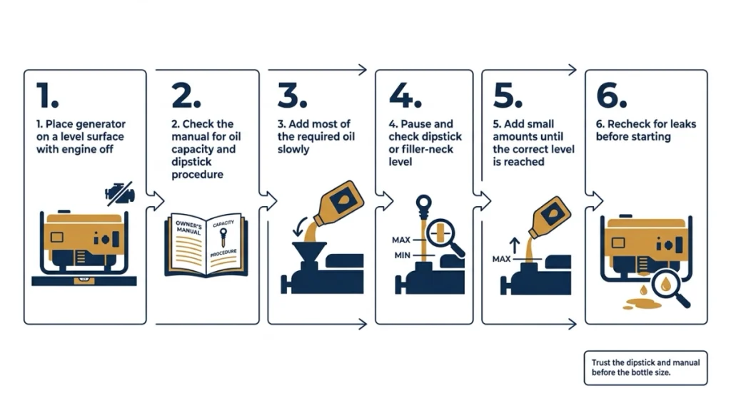 Six-step infographic showing how to add and check portable generator oil correctly.