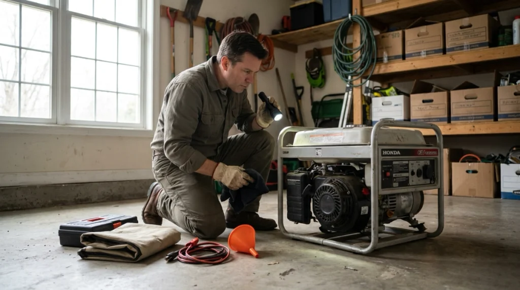 Homeowner inspecting a cooled portable generator before placing it into dry long-term storage.