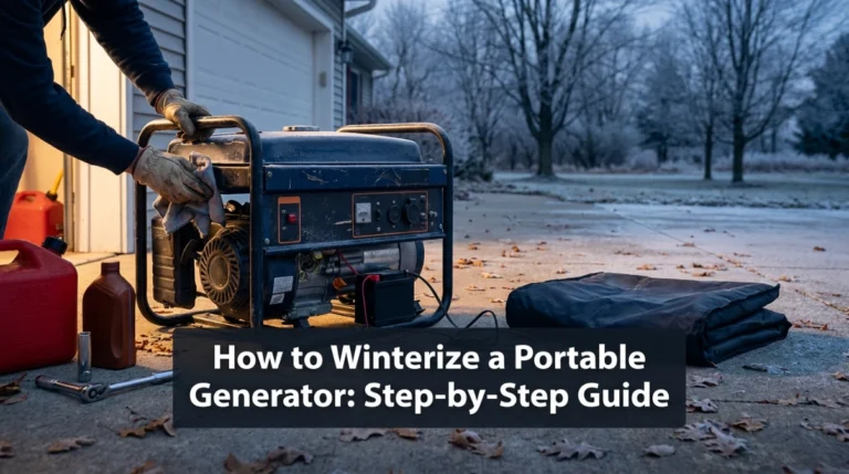 Portable generator prepared for winter storage with fuel, oil, battery maintainer, and maintenance tools.