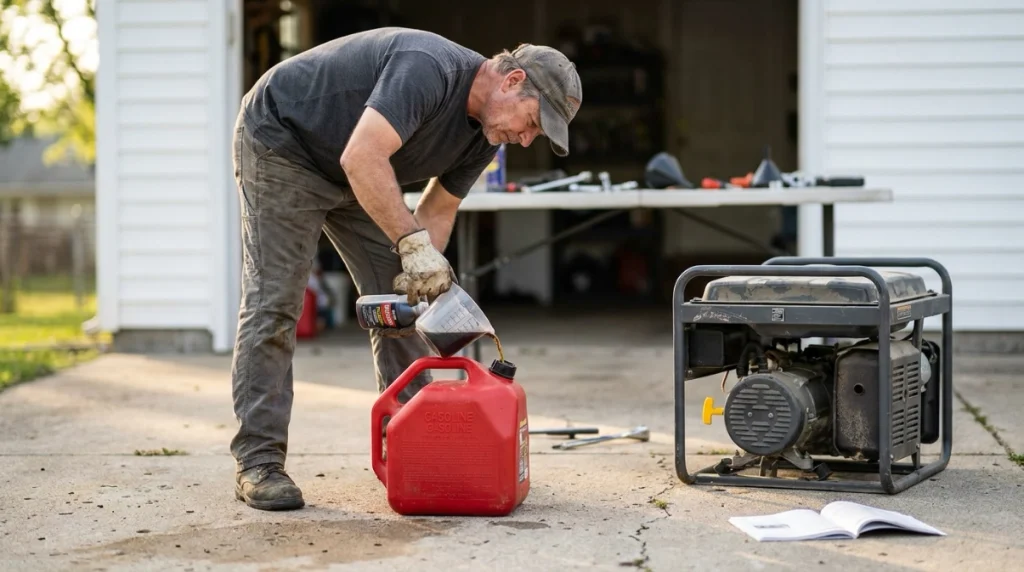 Fresh gasoline and measured stabilizer prepared beside a portable generator before outdoor treatment.