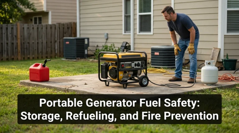 Portable generator outdoors with approved fuel stored safely away from heat and exhaust.