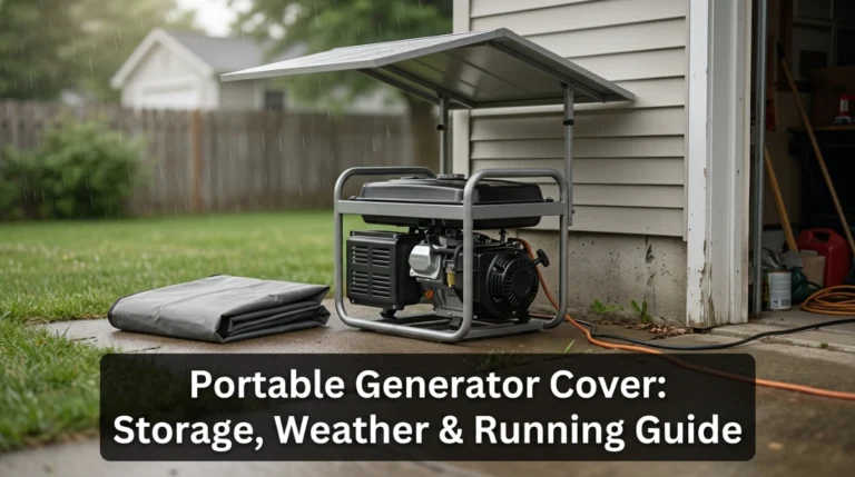 Portable generator with storage cover and raised running canopy during light rain.