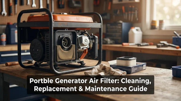 Portable generator with open air-filter housing during cleaning and replacement maintenance.