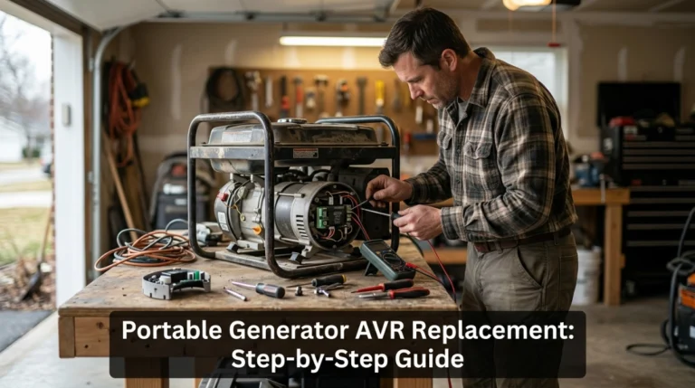 Technician inspecting a portable generator AVR during a step-by-step voltage regulator replacement.