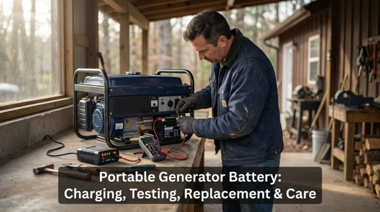 Portable generator battery with smart charger and multimeter prepared for testing and maintenance