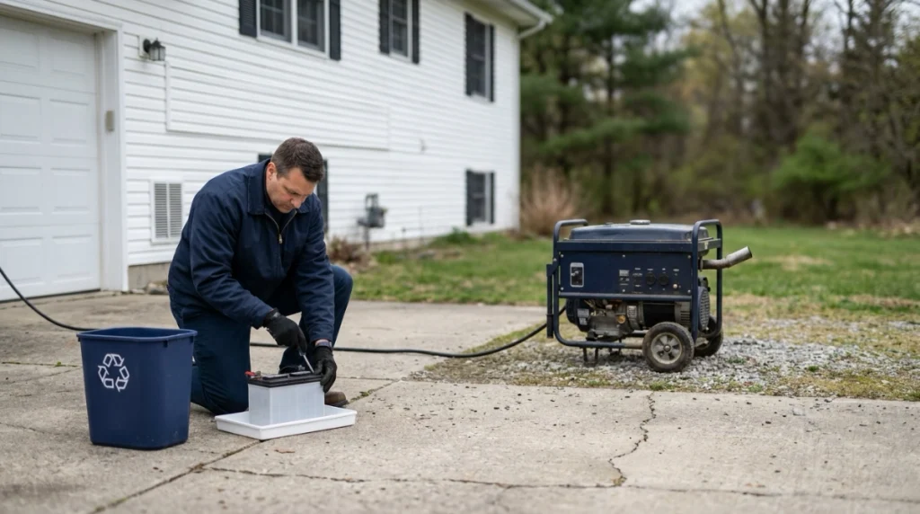 Safe portable generator battery maintenance with generator positioned outdoors away from the home