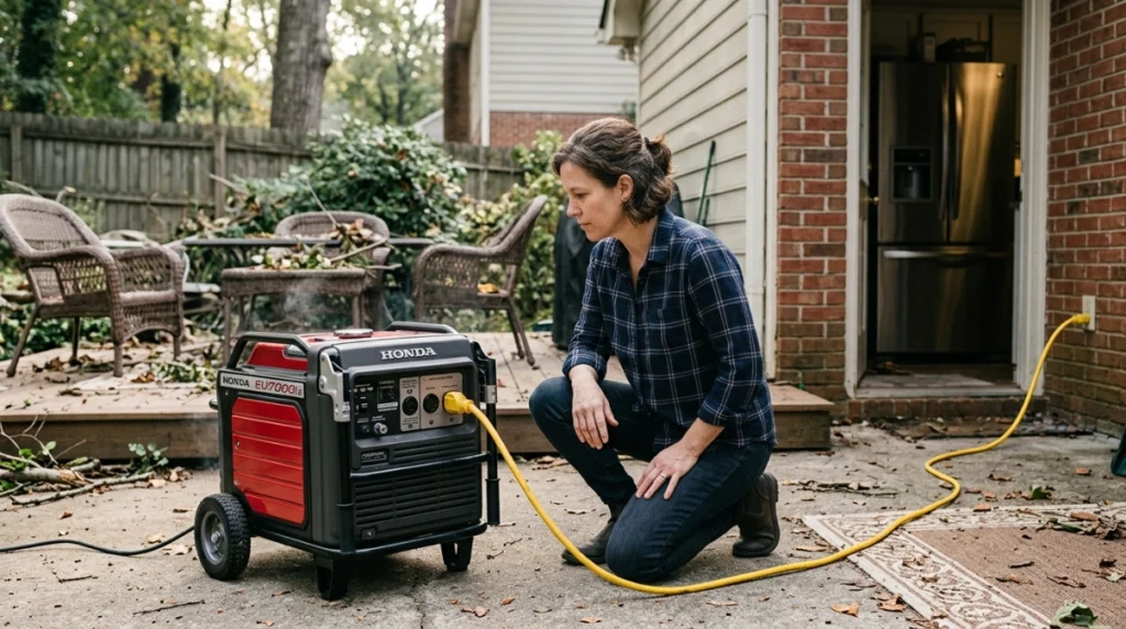 Homeowner inspecting a safely connected portable generator and grounded outdoor extension cord.