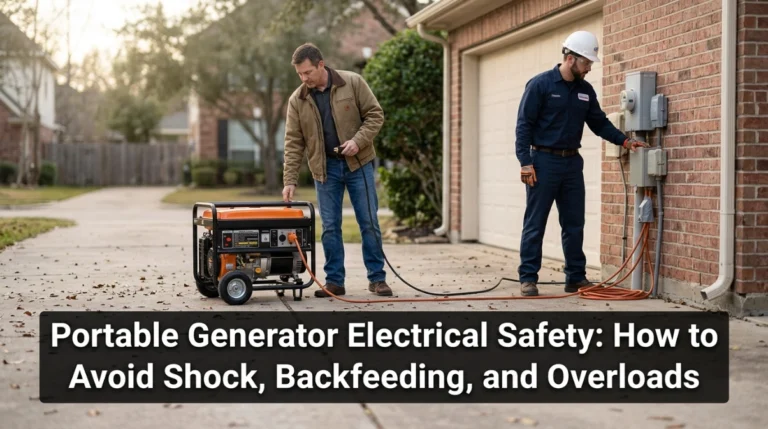 Portable generator operating safely outdoors with proper cords and transfer equipment.