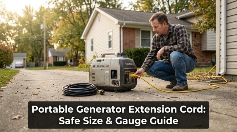 Portable generator with heavy-duty outdoor extension cords beside a home during a power outage.