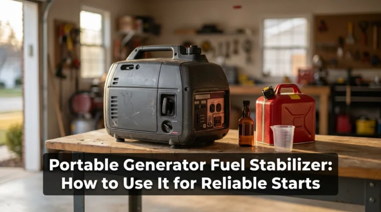 Portable generator fuel stabilizer beside fresh gasoline and a generator prepared for storage.