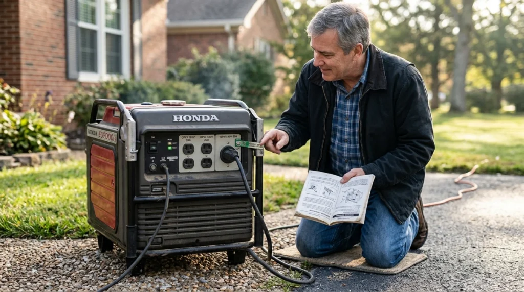 Portable generator frame and receptacles being inspected for proper grounding and bonding.