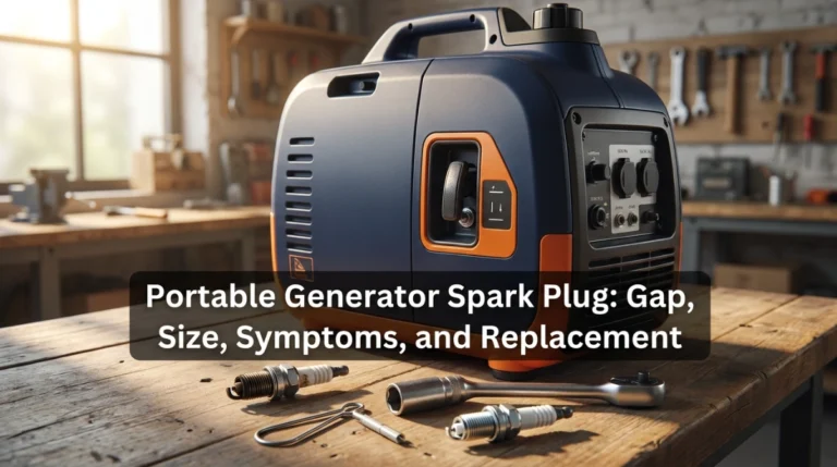 Portable generator spark plug with gap gauge, socket, generator, and replacement plug on workshop bench.