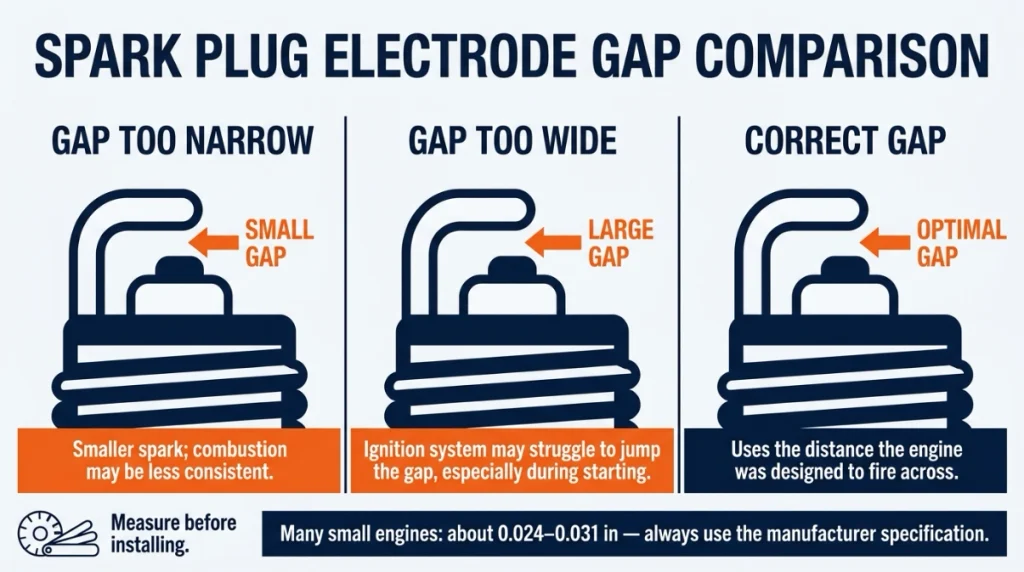 Portable generator spark plug gap infographic comparing narrow, wide, and correct electrode spacing.