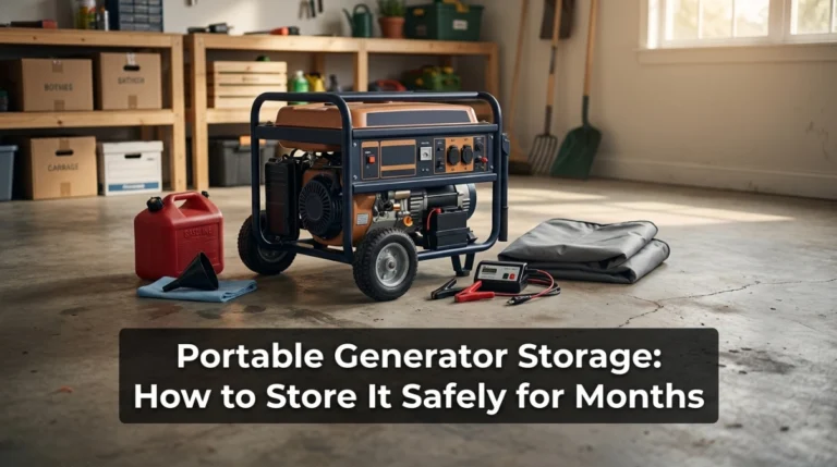 Portable generator prepared for long-term storage with fuel, oil, battery, and cover checks.