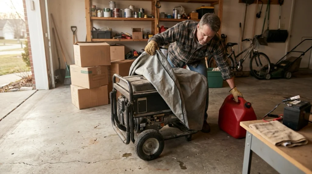 Homeowner correcting fuel, moisture, battery, cover, and access problems before generator storage.