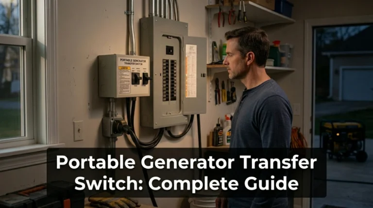 Portable generator transfer switch beside a home electrical panel during an outage.