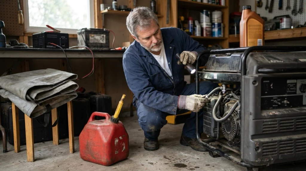 Homeowner inspecting generator fuel hoses, carburetor, battery, oil, wiring, and storage cover before winter.
