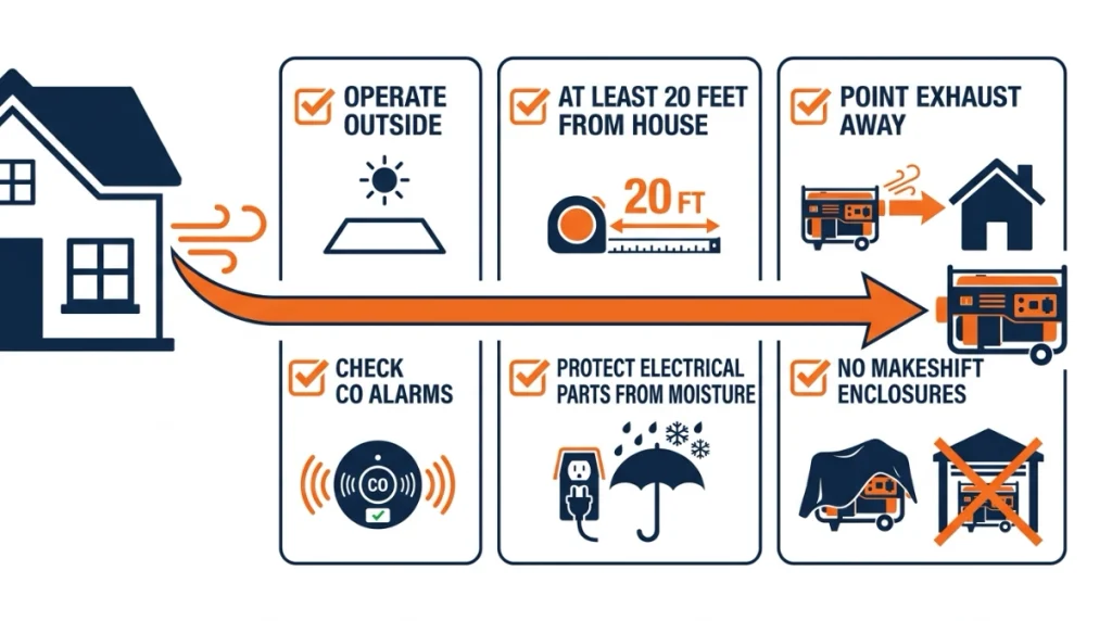 Generator outage safety infographic showing outdoor use, 20-foot distance, CO alarms, and moisture protection.