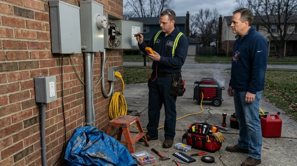 Comparison infographic showing safe generator connections and dangerous wall-outlet backfeeding.