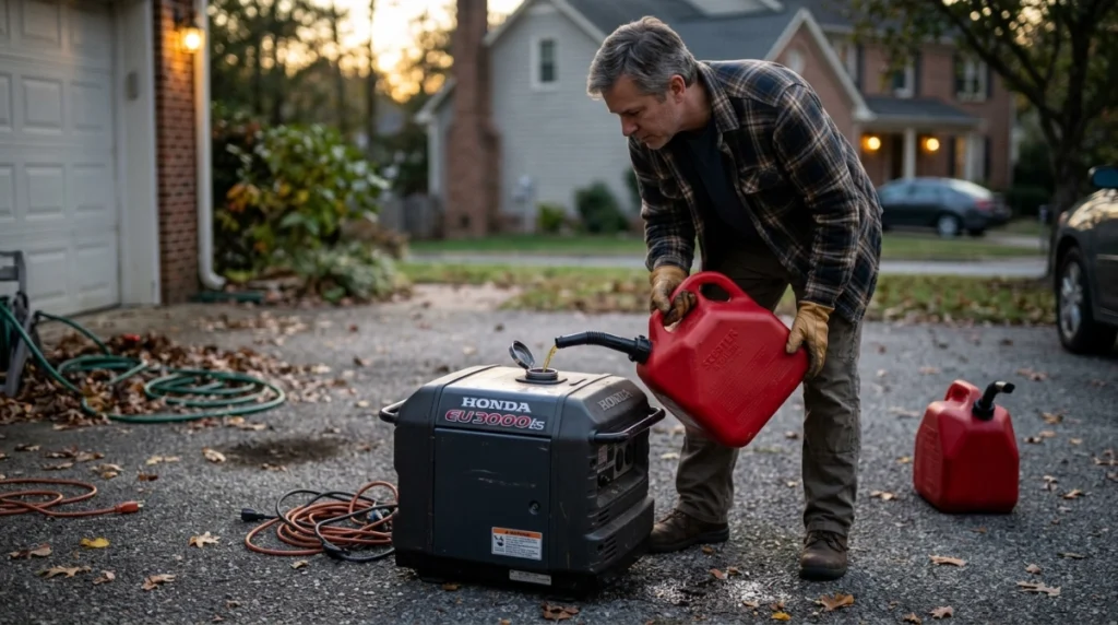 Homeowner safely refueling a cooled, shut-down portable generator outdoors.