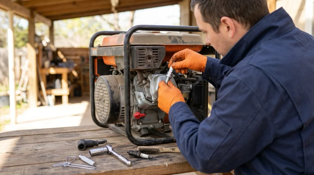 Person carefully installing a portable generator spark plug by hand with gauge, socket, and ratchet nearby.