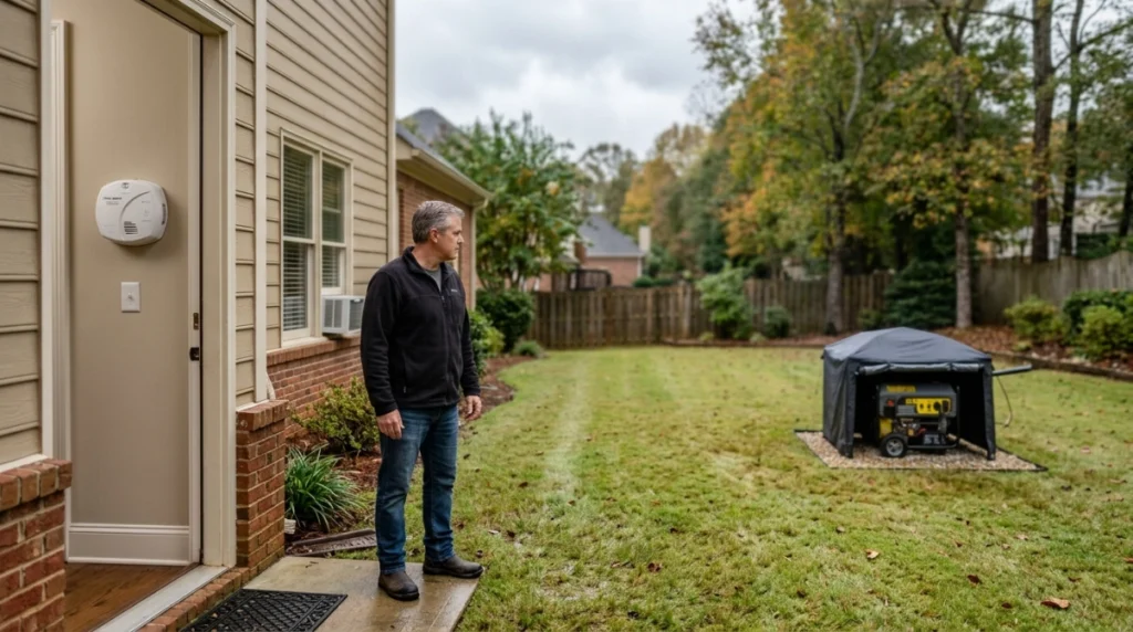 Covered running generator outdoors more than 20 feet from home with exhaust directed away.