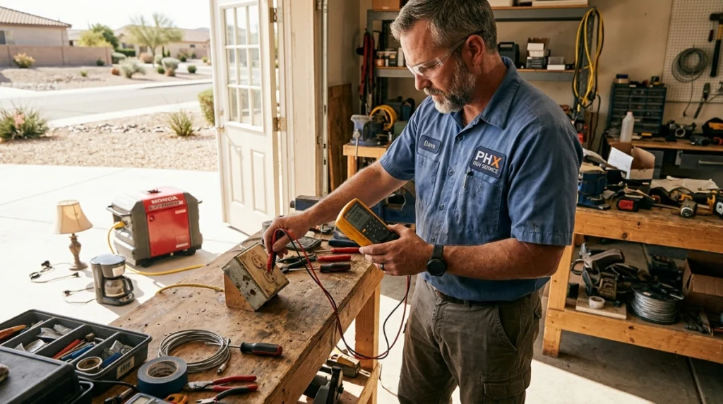 Technician safely checking portable generator output voltage with proper test equipment.