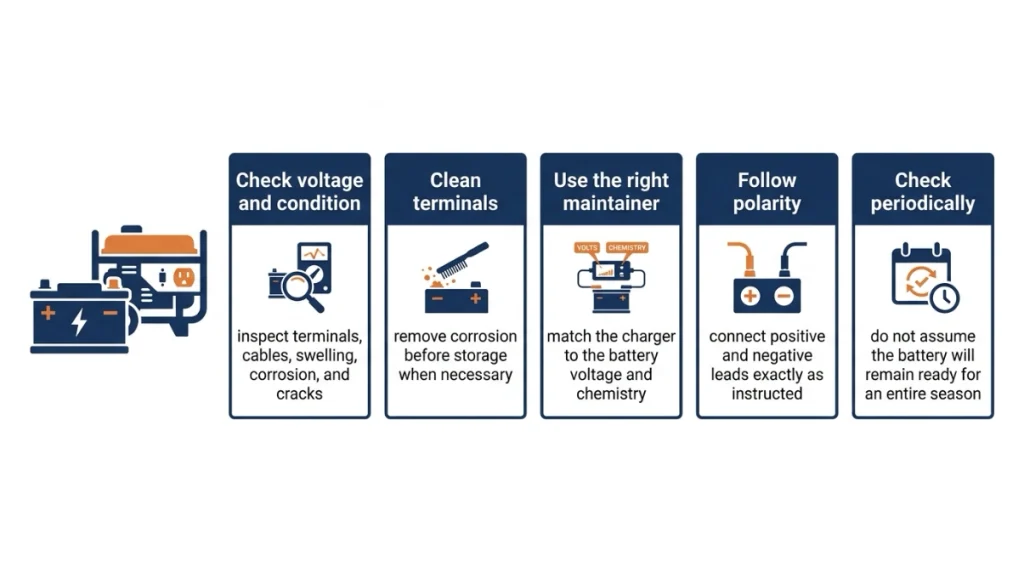 Generator battery storage checklist covering condition, terminals, maintainer compatibility, polarity, and periodic checks.