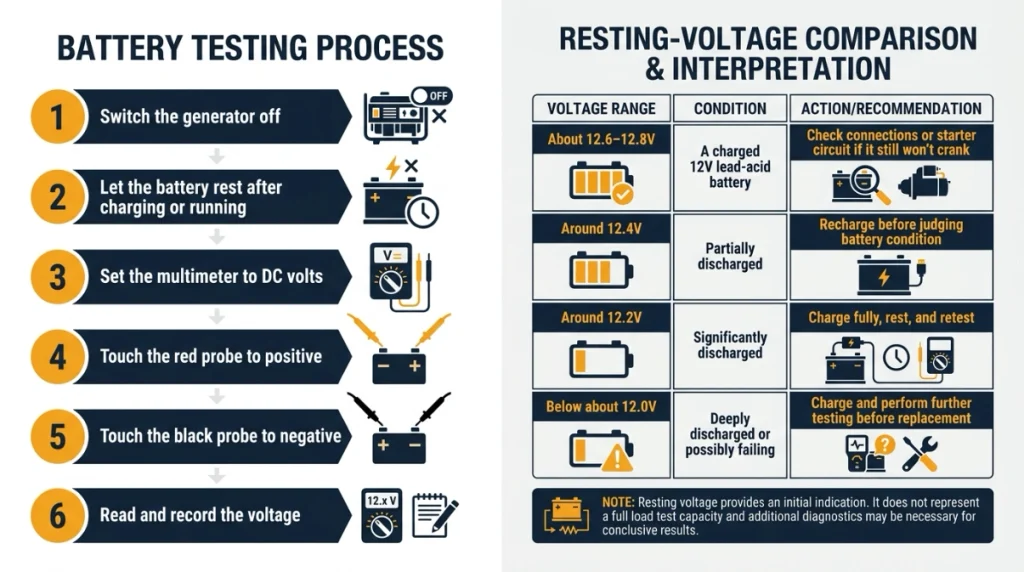 Multimeter testing guide with portable generator battery resting-voltage ranges and next steps