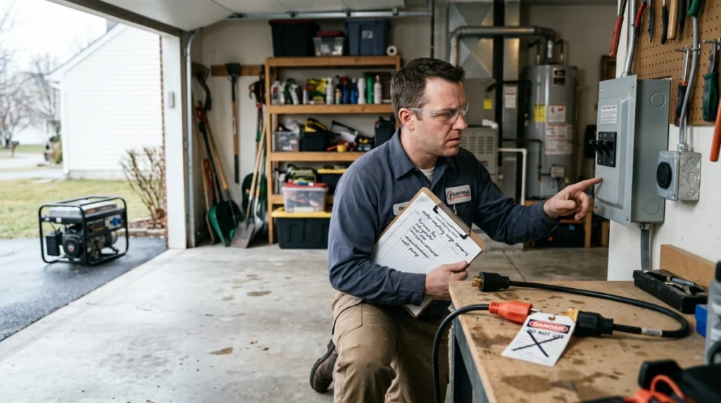 Electrician identifying unsafe generator connection, sizing, loading, and placement mistakes.
