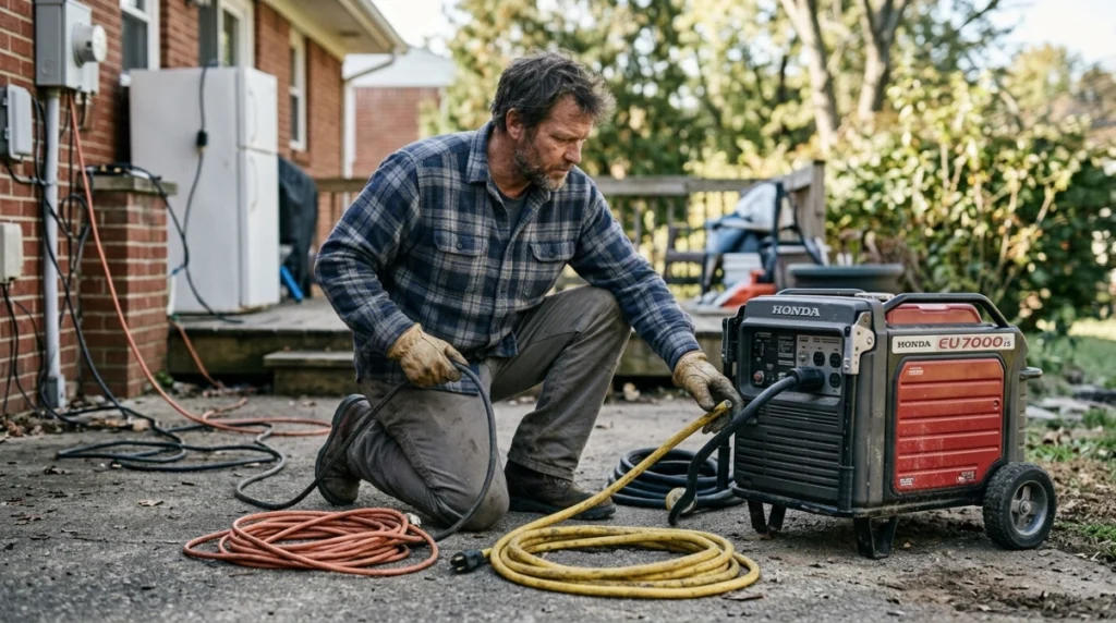 Homeowner comparing 14/3, 12/3, 10-gauge, and 30-amp cords beside a portable generator.