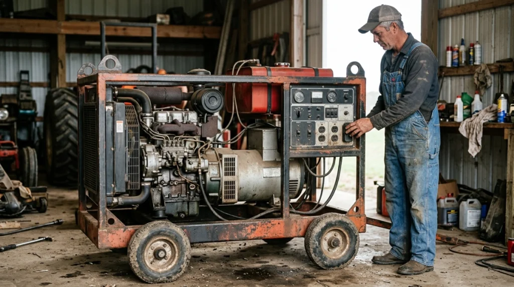 Open-frame diesel generator showing engine, alternator, fuel system, control panel, and transport