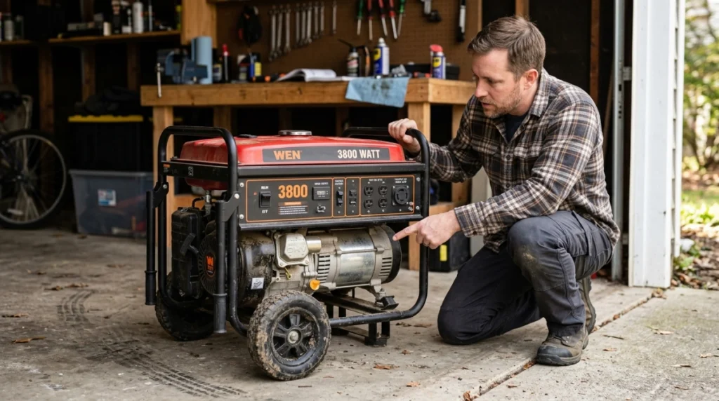 Gasoline portable generator showing engine, alternator, fuel tank, control panel, and frame