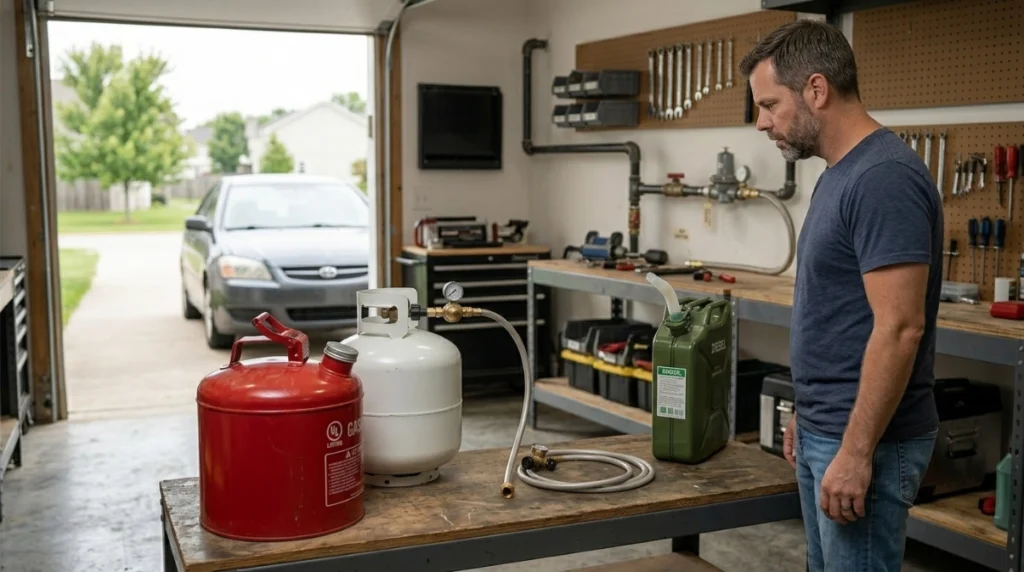 Gasoline, propane, diesel, and natural gas generator fuel systems shown for safe handling.