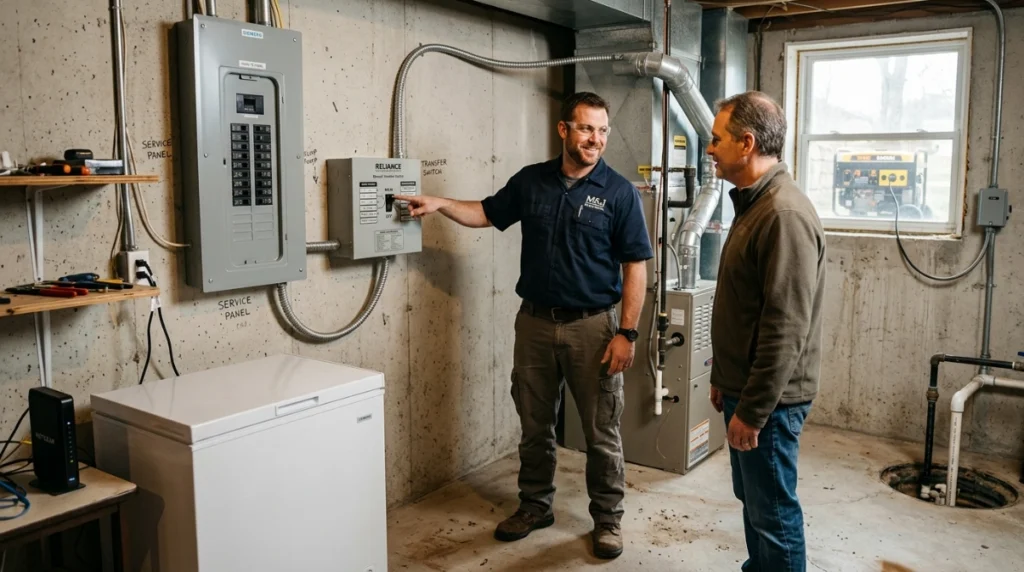 Electrician explaining a portable generator transfer switch beside a residential breaker panel.