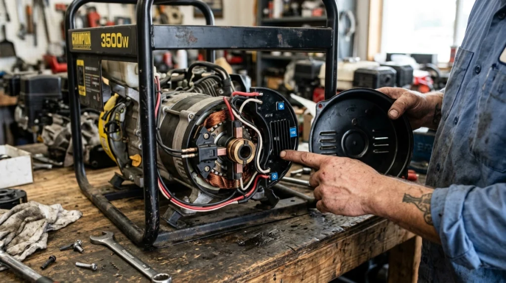 Close-up of a portable generator automatic voltage regulator mounted behind the alternator end cover.