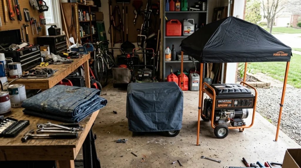 Portable generator beside fitted storage cover, raised running canopy, and folded DIY tarp.