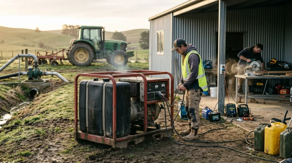 Diesel generator powering construction, farm, workshop, and remote equipment during sustained heavy use.
