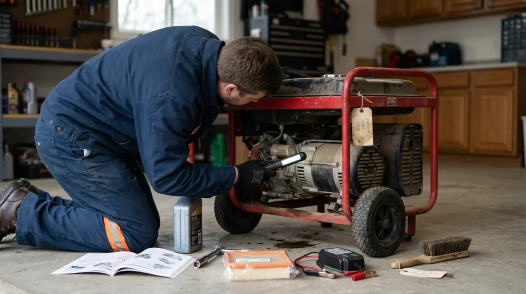 Homeowner winterizing a portable generator with oil, filter, battery maintainer, tools, and storage supplies.