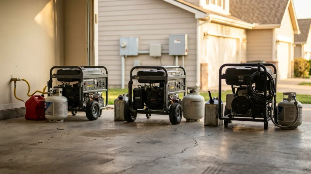 Three portable generators representing tri-fuel, dual-fuel and higher-output home backup options