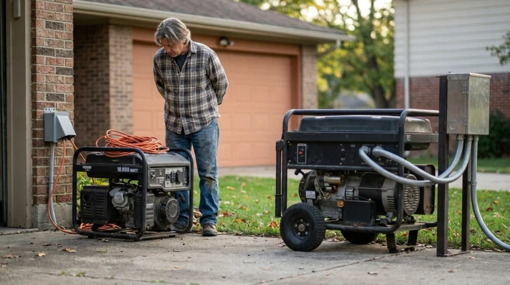 Side-by-side 10,000 watt and 12,000 watt portable generators for managed home backup