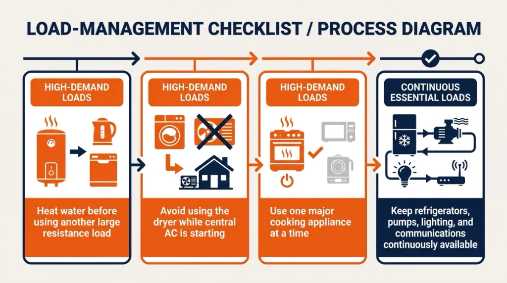 Four-step load management infographic for running an all-electric house with a 15,000-watt generator