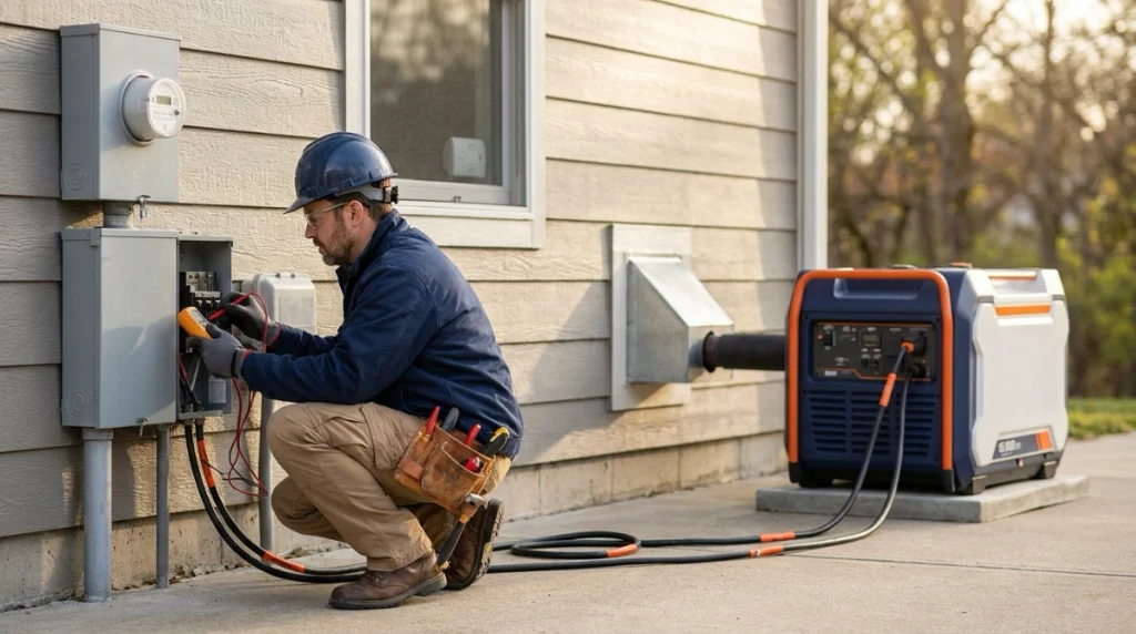 Electrician inspecting transfer equipment while a 15,000-watt generator runs safely outdoors