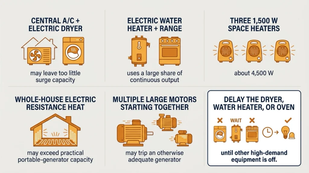 Chart showing heavy appliances that should not all run together on a 12,000 watt generator.