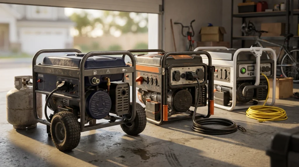 Three portable 5000W-class generators compared for essential home backup power