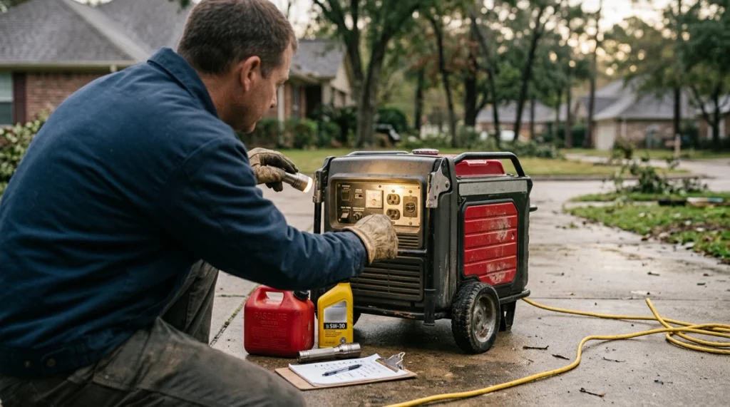 Homeowner checking oil fuel cords and CO safety before generator use